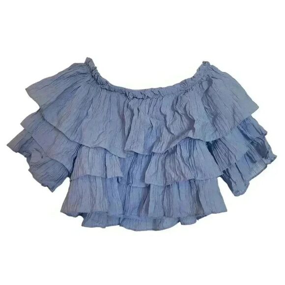 Aqua Women's Sky Blue Rayon/Nylon Off the Shoulder Cropped Ruffle Shirt - Picture 6 of 7